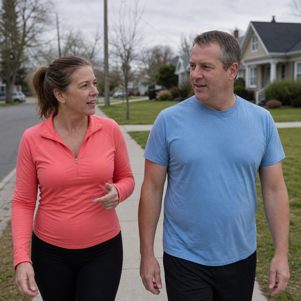 Two friends in their late 40s walking briskly and chatting on a suburban sidewalk