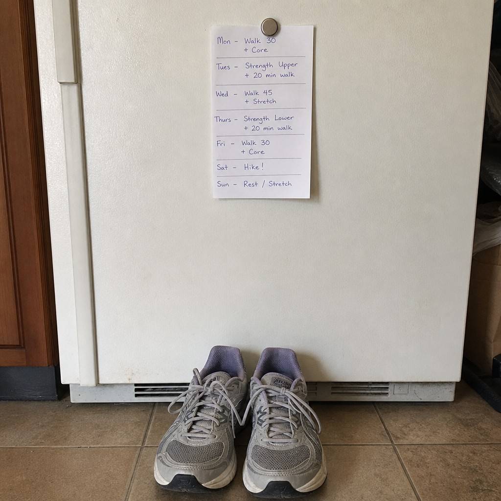 Weekly workout schedule on a fridge with a pair of walking shoes nearby