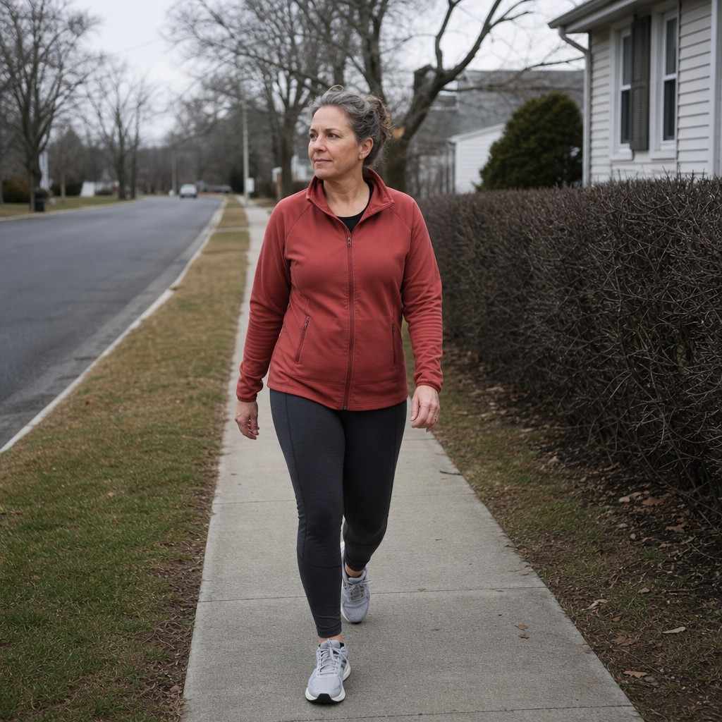 Person in rust jacket walking on a quiet residential sidewalk on a grey morning