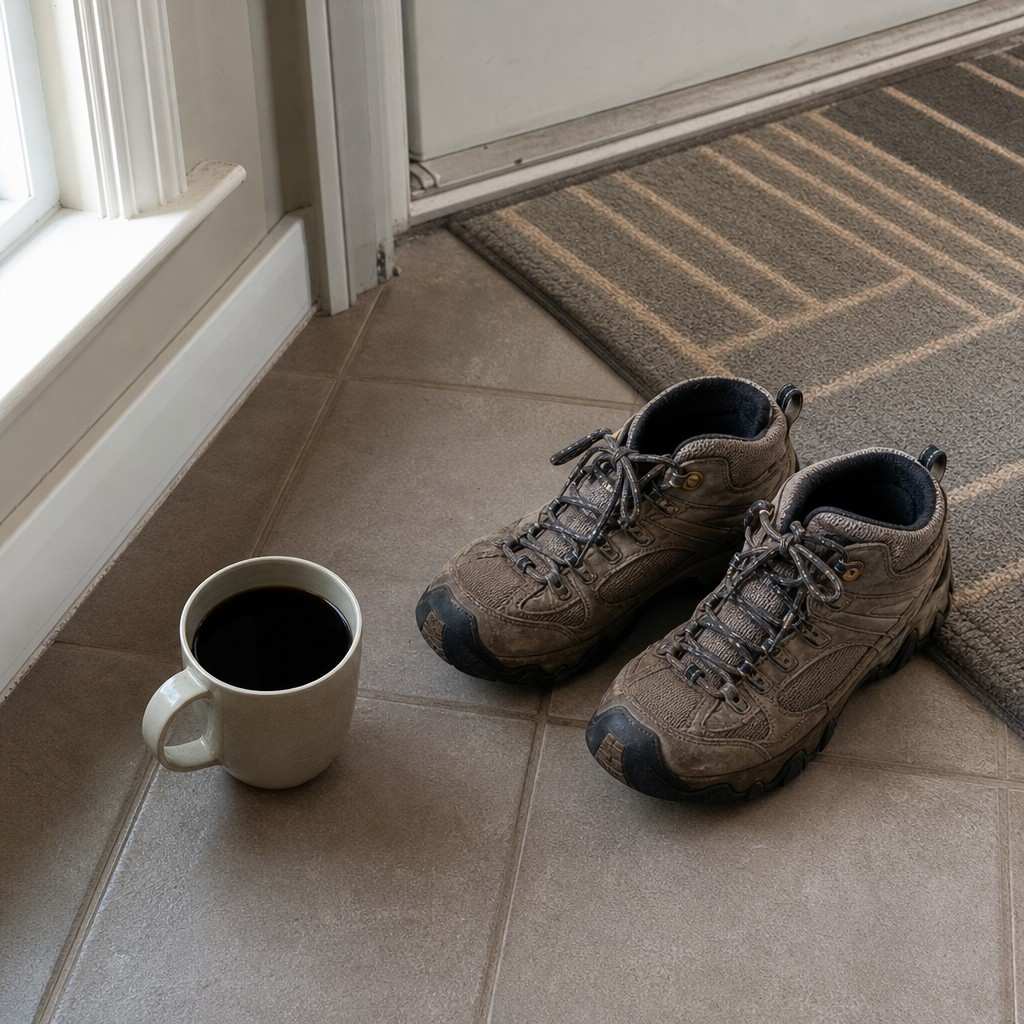 Ceramic mug of coffee and worn walking shoes by a front door