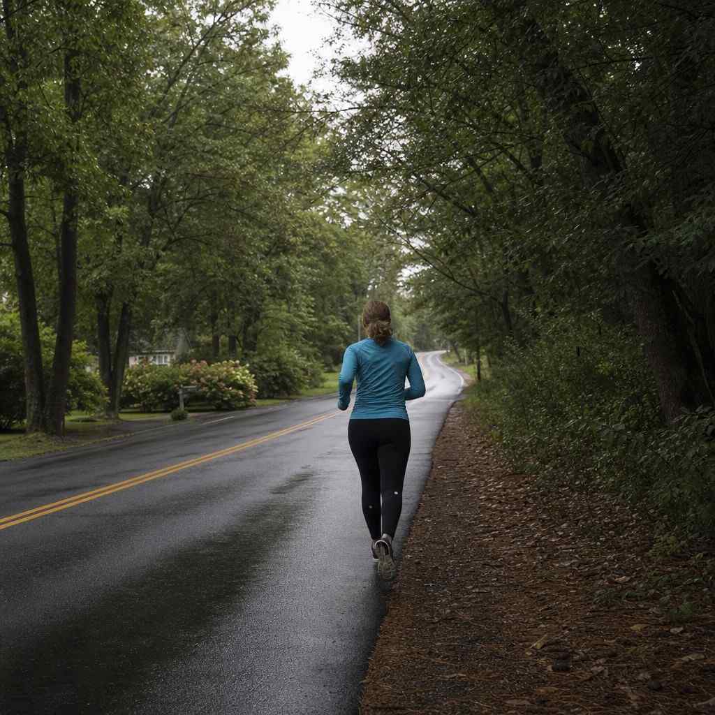 Solo runner on a tree-lined road wearing a teal top, seen from behind