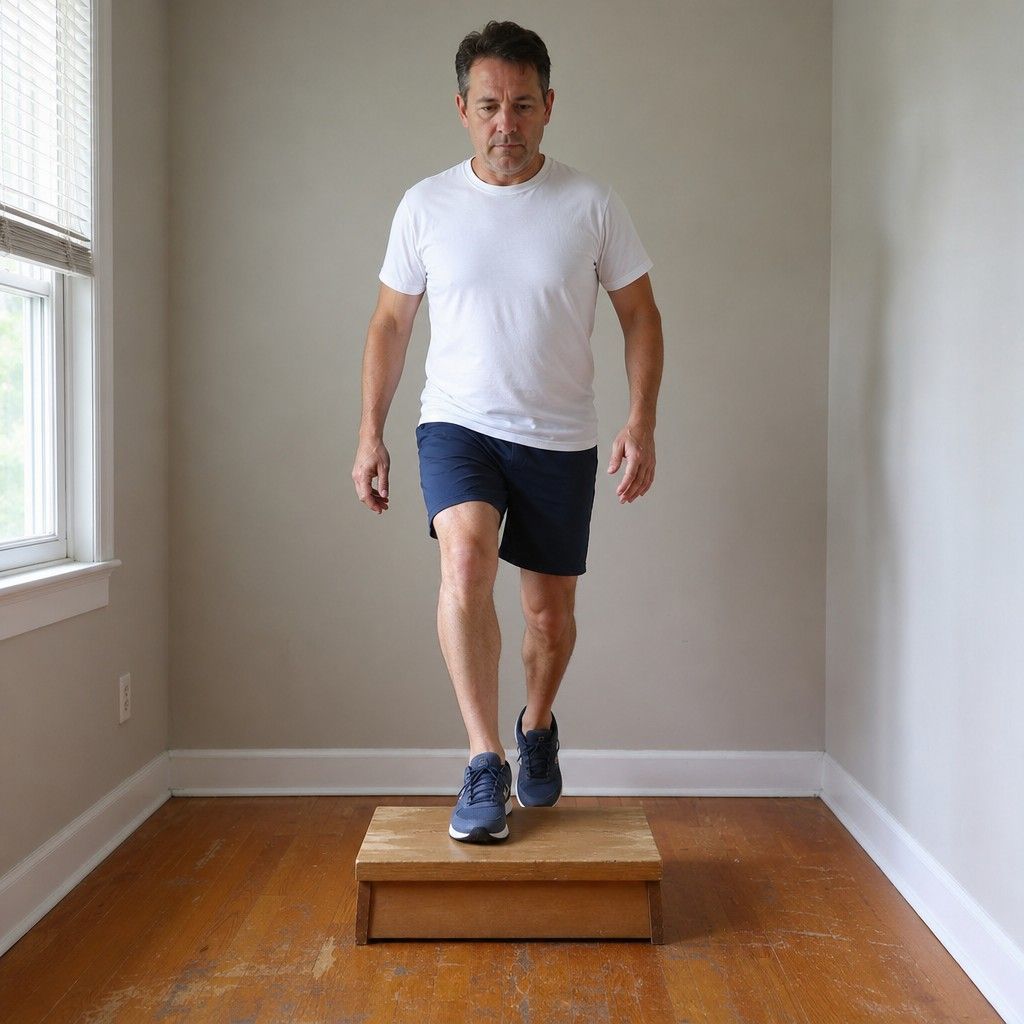 Person in their early 50s doing a single-leg step-up in a plain home corner