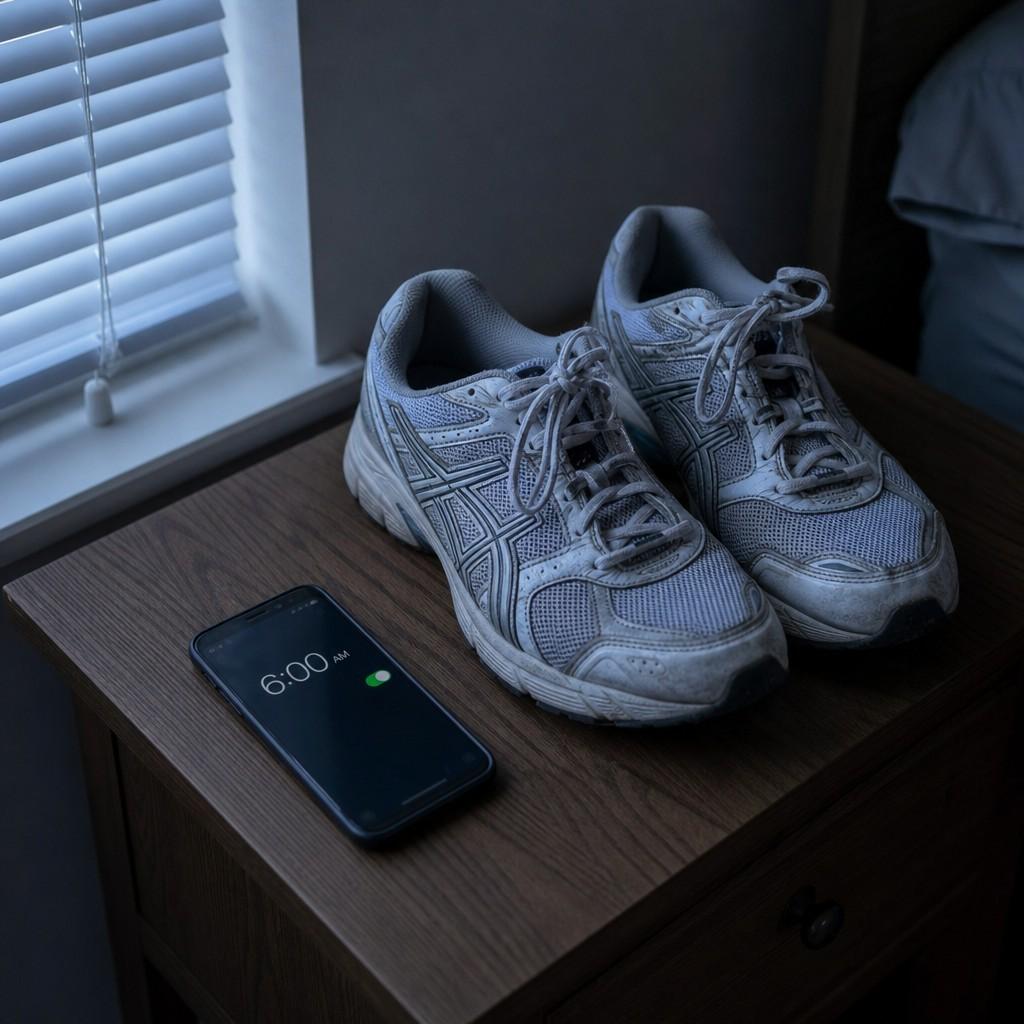 A pair of running shoes and a phone displaying an alarm on a bedside nightstand at dawn