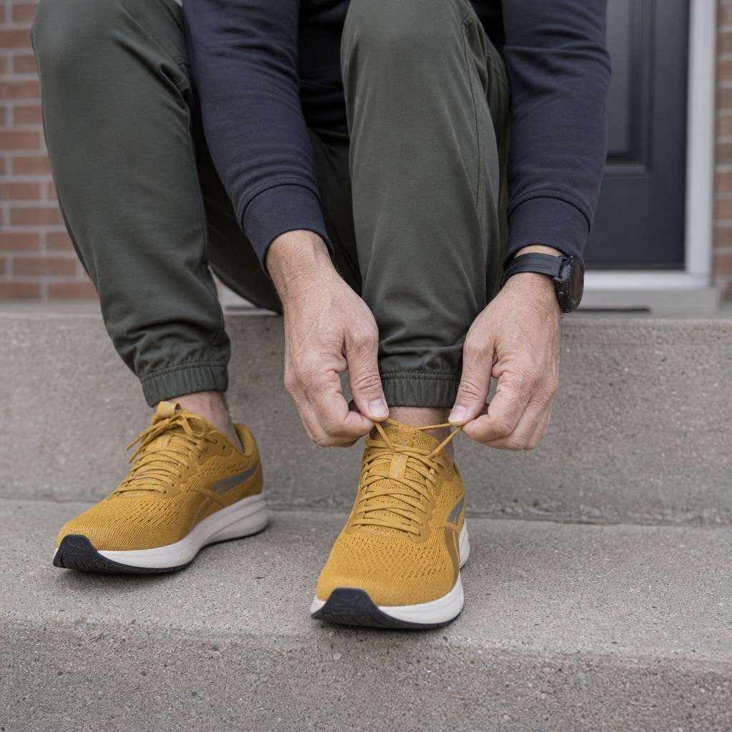 Person lacing up running shoes while seated on a front porch step