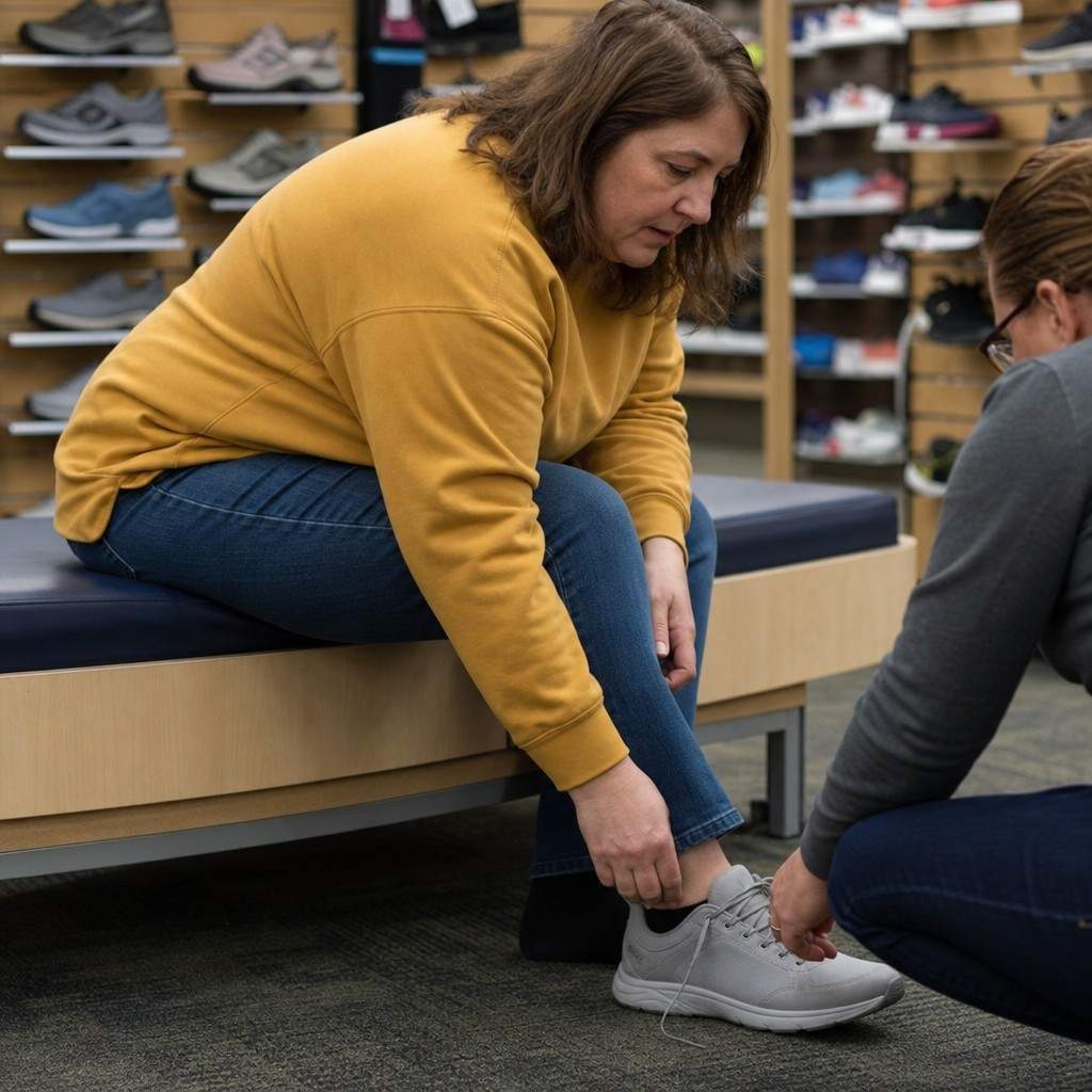 Person trying on walking shoes seated on a bench at a running store