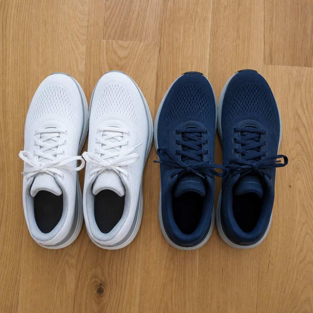 Two pairs of plain walking shoes side by side on a wood floor