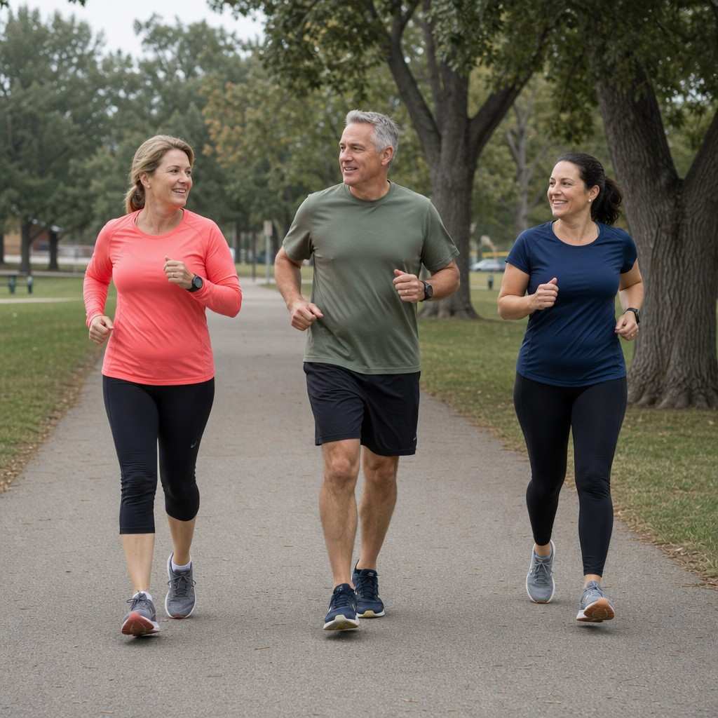 Small group of three recreational runners jogging together in a park