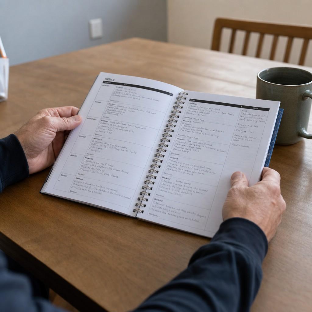 Hands holding a printed training plan on a kitchen table