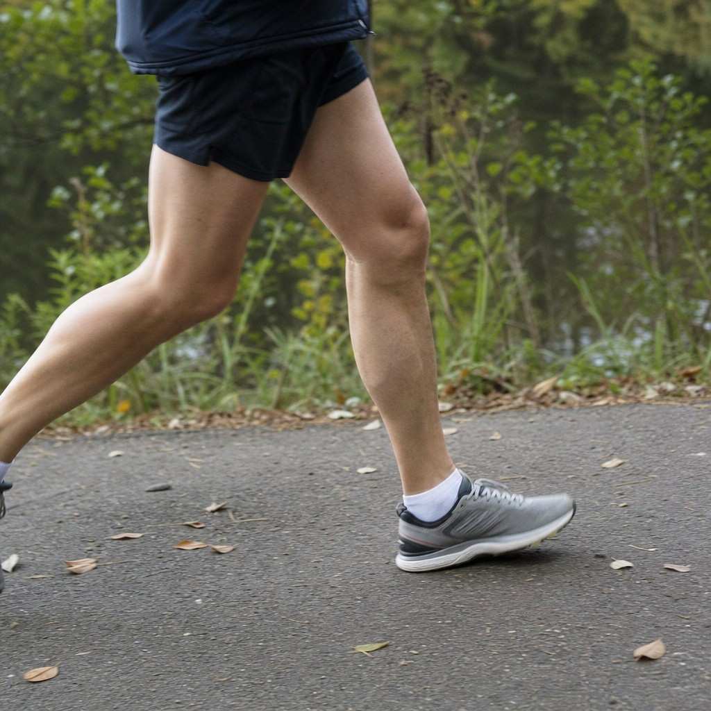 Close side view of a runner's knees and legs mid-stride on a paved path