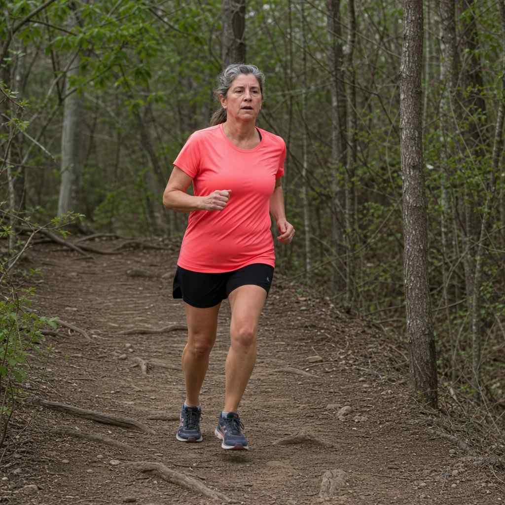 A runner around 55 jogging comfortably up a gentle trail incline