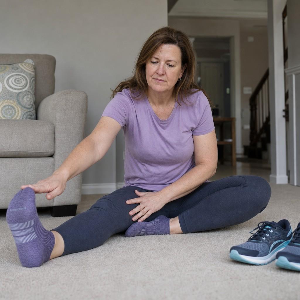 Woman around 50 doing a gentle calf stretch on a living-room floor