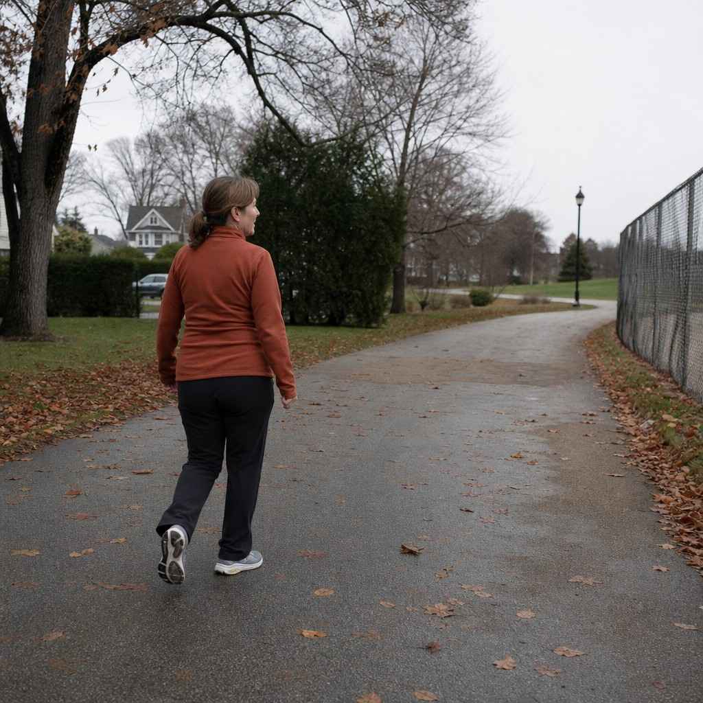 Adult walking slowly on a neighborhood path in a rust-coloured jacket
