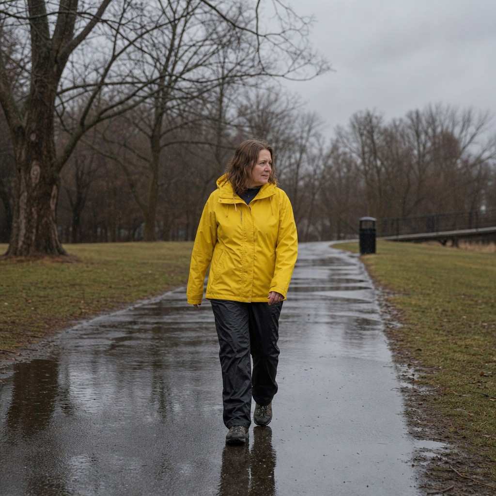 Walker in a yellow rain jacket on a wet park path under grey sky