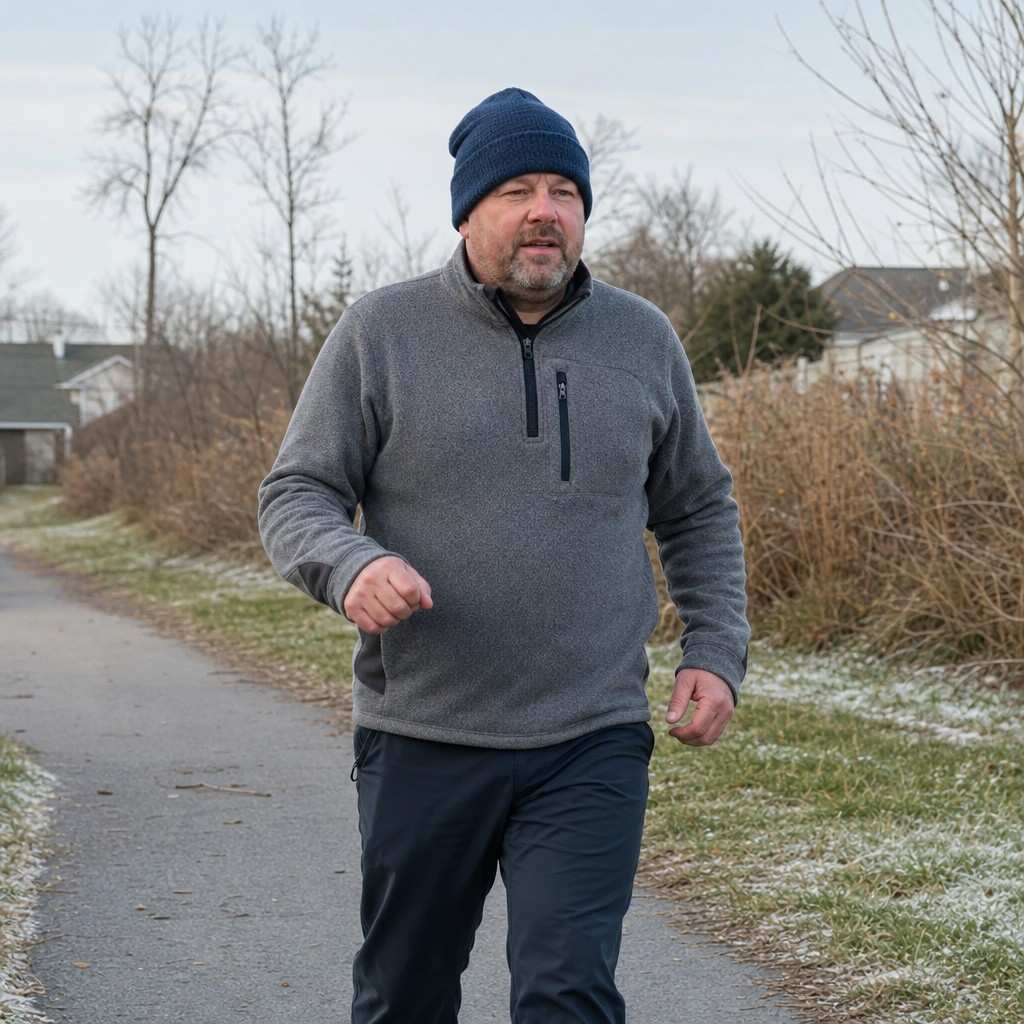Adult bundled in a hat and layers walking on a cold clear winter day