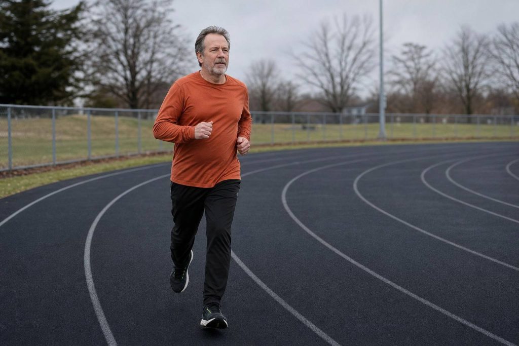 A returning runner around 52 jogging at an easy pace on a local track on a cool morning