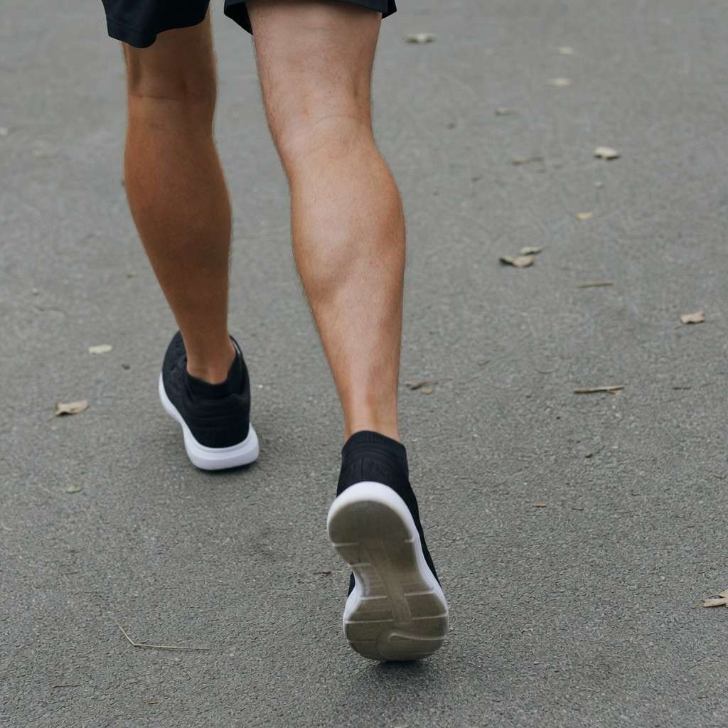 Low-angle close-up of a runner's lower legs and shoes mid-stride on worn pavement