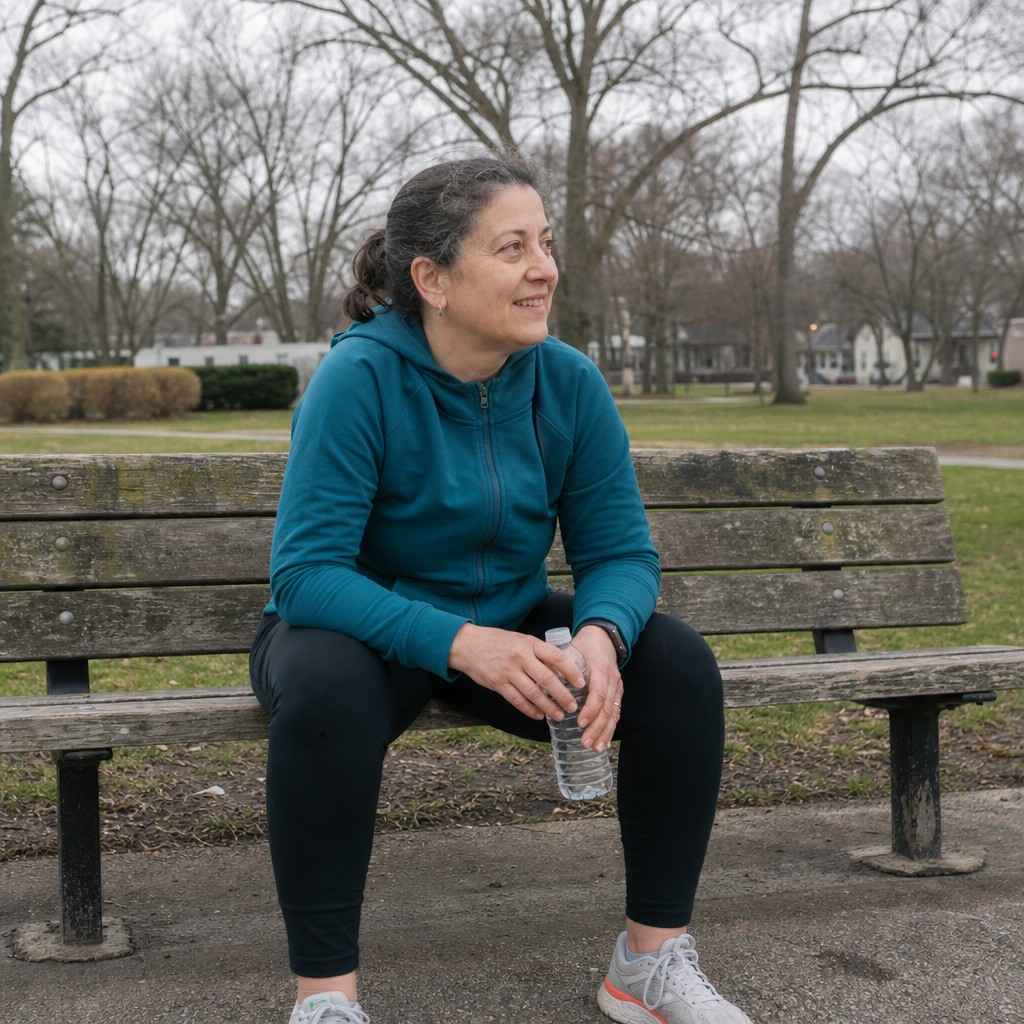 A person around 50 sitting on a park bench pausing during an easy session