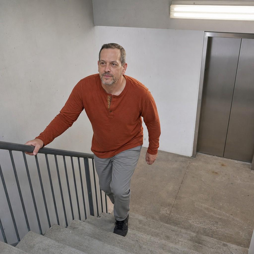 Person taking the stairs in a public building instead of the elevator