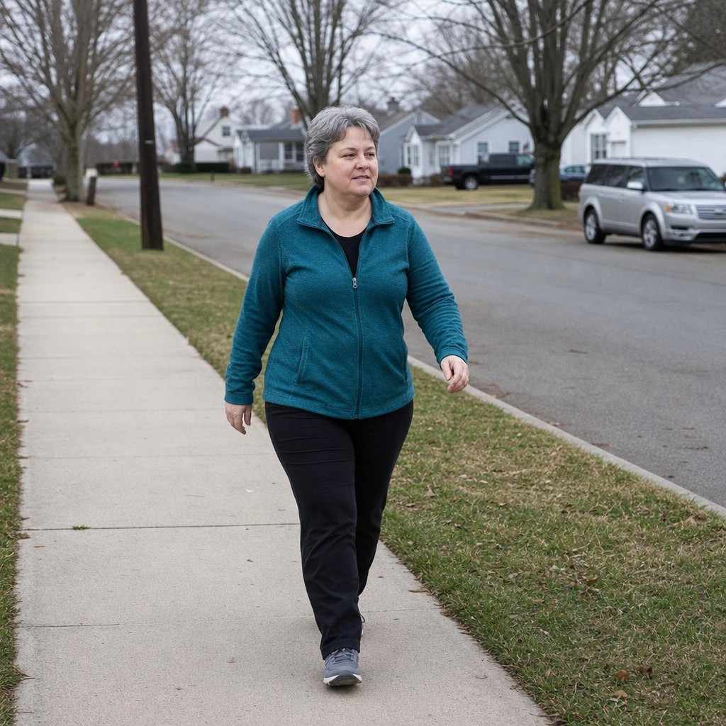 Beginner walker around 50 on a flat neighborhood sidewalk in a teal jacket, wide shot