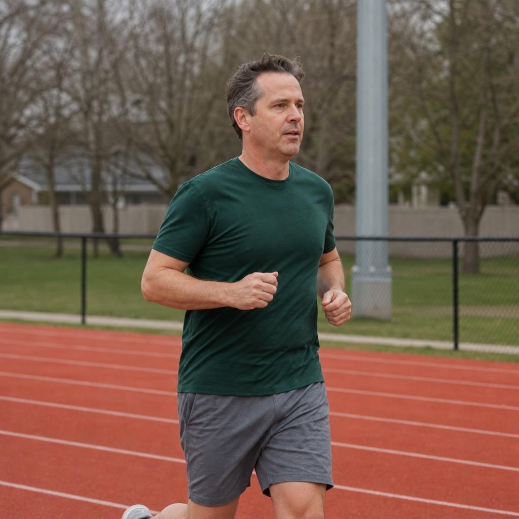 Solo jogger in their 40s running a lap on a local rubberized track