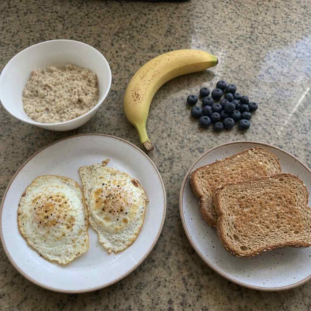 Simple whole-food meal of oats, fruit, eggs and bread on a kitchen counter