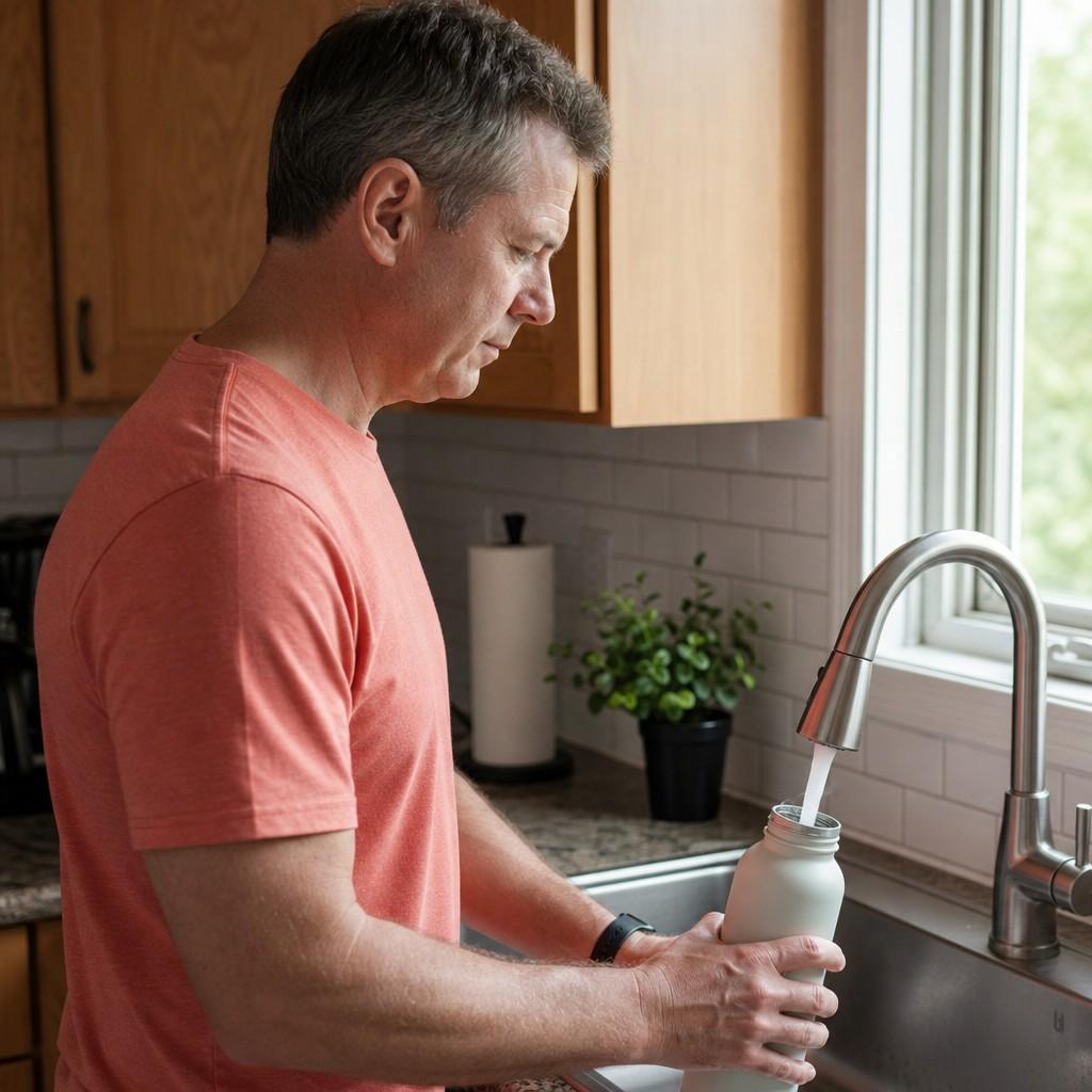 Man in his late 40s refilling a water bottle at a kitchen sink