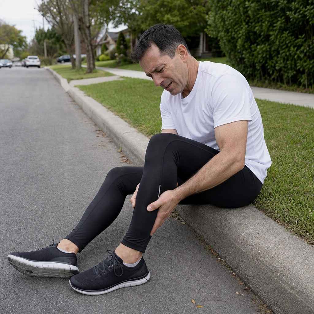 Runner around 50 seated on a curb rubbing a sore calf