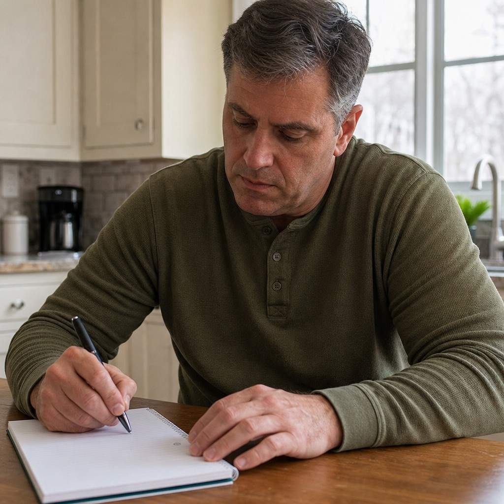 Everyday adult writing in a simple notebook at a kitchen table