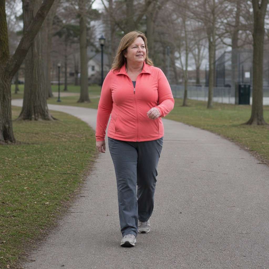 Woman around 45 walking purposefully along a park path in a coral jacket
