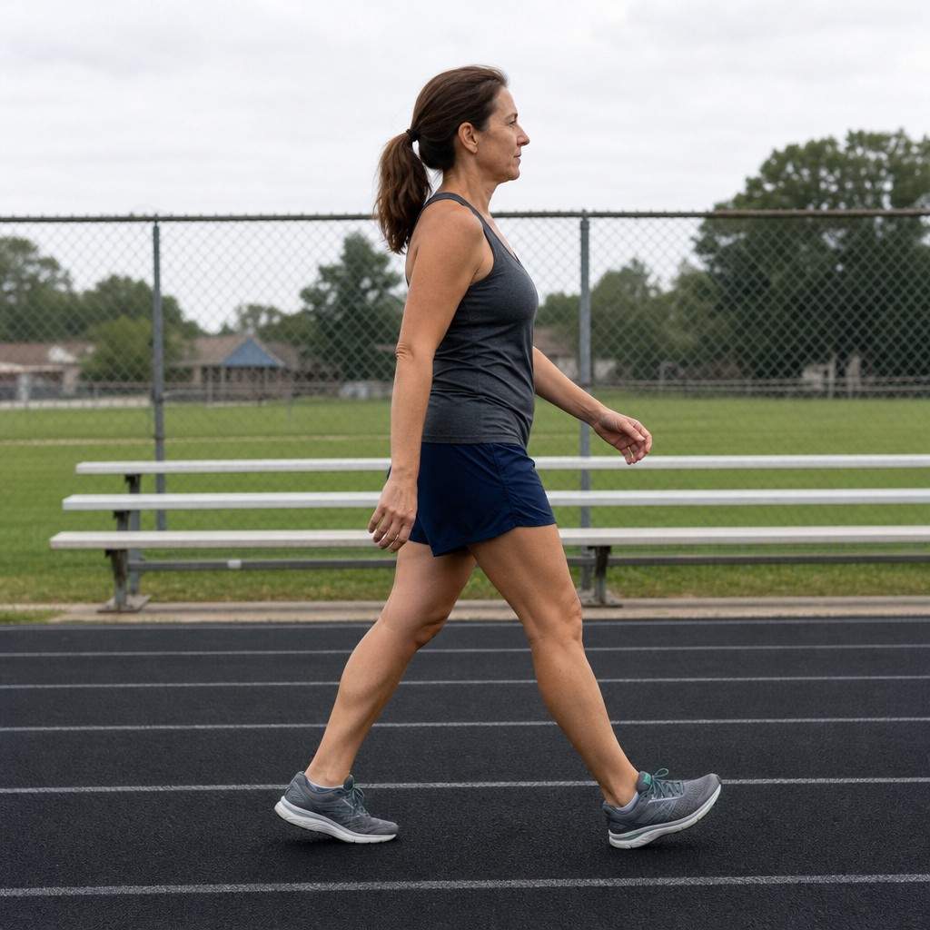 Side-profile of a runner around 45 mid-stride showing upright relaxed posture on a track