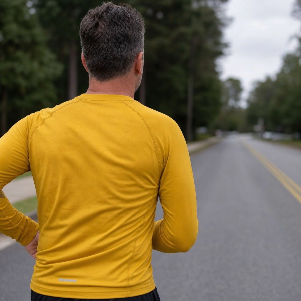 Close shot of a runner's relaxed shoulders and arm carriage on a quiet road, mustard top