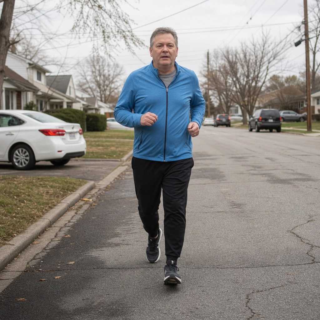 Man around 55 transitioning from a walk to a slow jog on a quiet suburban street
