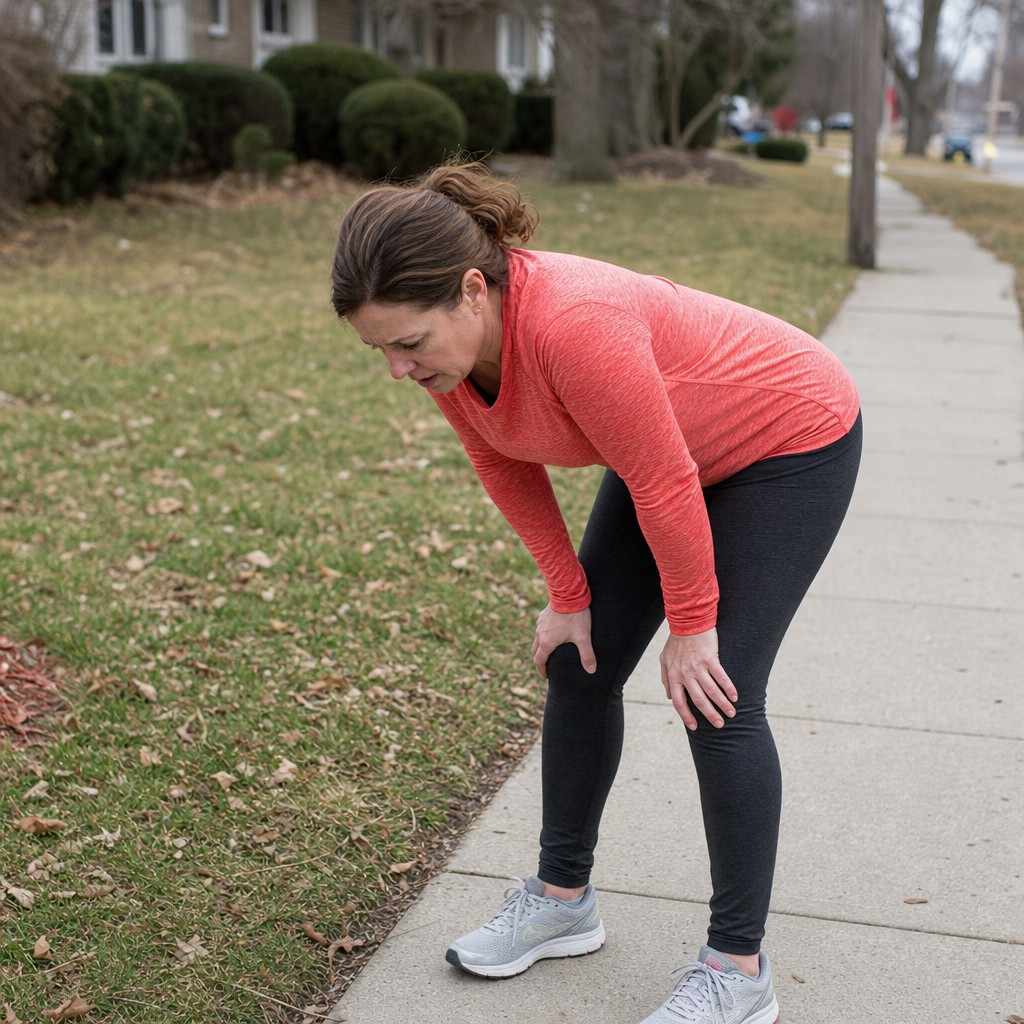 Woman around 50 bent hands-on-knees catching her breath on a sidewalk