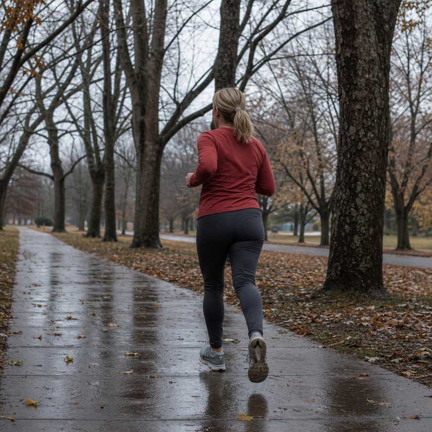 Person jogging on a wet sidewalk beneath bare autumn trees in a rust top