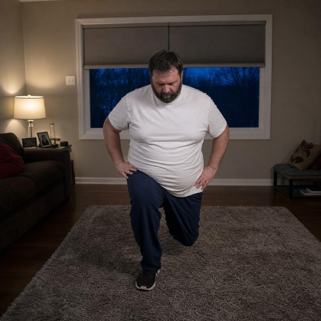 Adult doing an indoor bodyweight workout in a living room on a dark winter evening