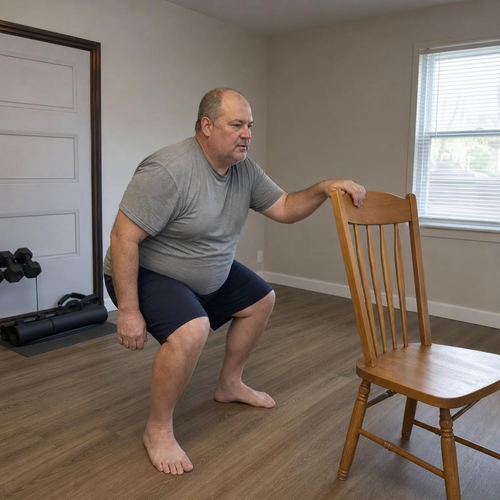 Man in his mid-50s doing a bodyweight squat holding a chair back for support in a plain home room
