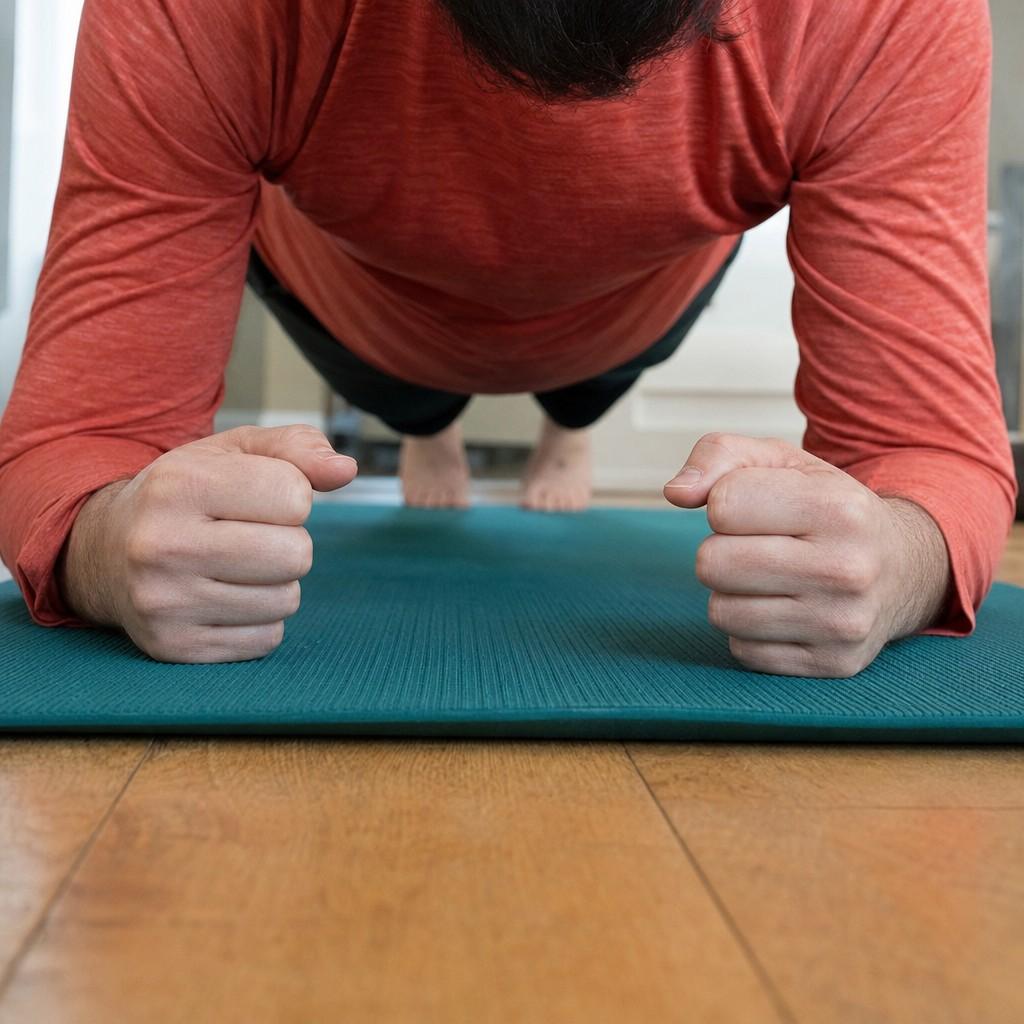 Close-up of forearms and core in a plank position on a yoga mat on a wood floor