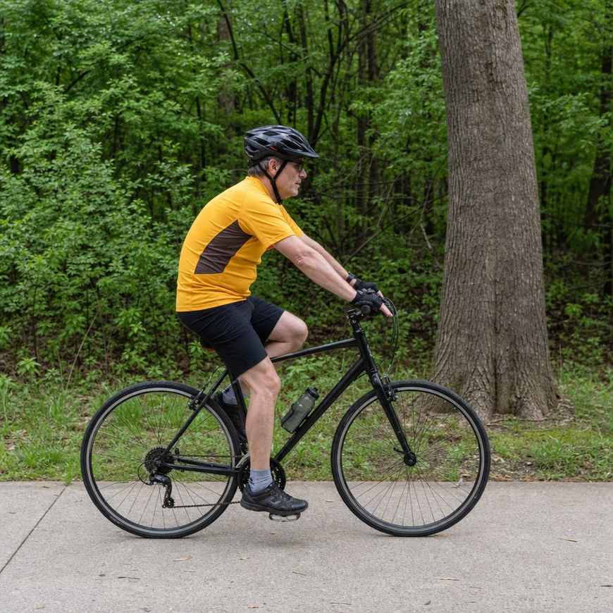 Recreational cyclist in their 50s riding an ordinary bike on a quiet paved path