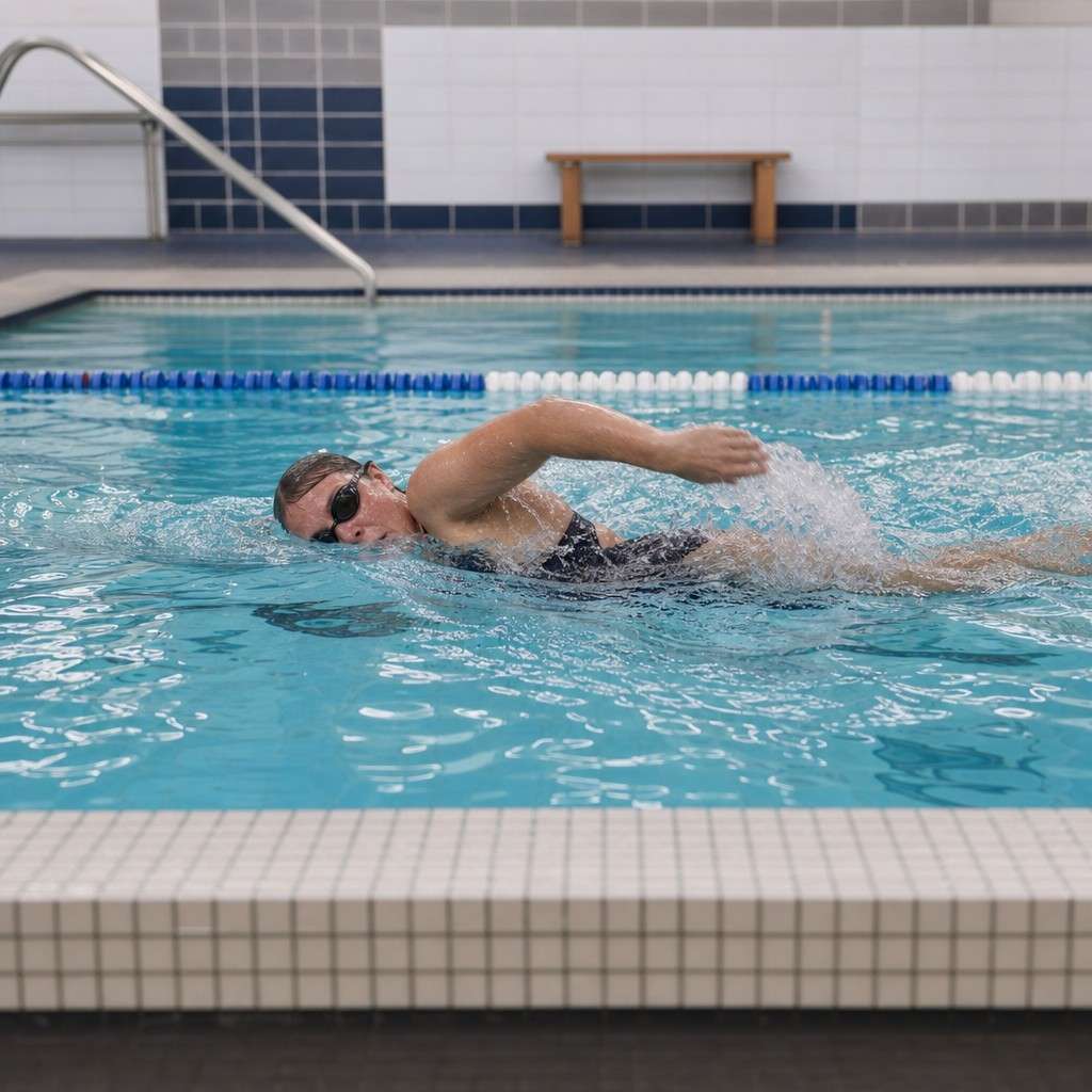 Adult swimmer doing easy freestyle in a community pool lane