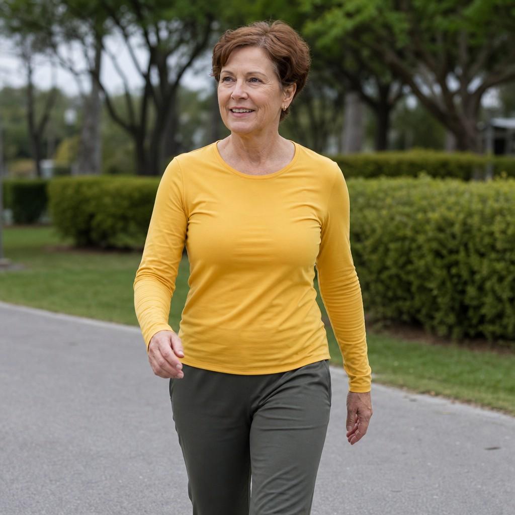 Active adult in their early 60s walking confidently on a park path in a mustard top