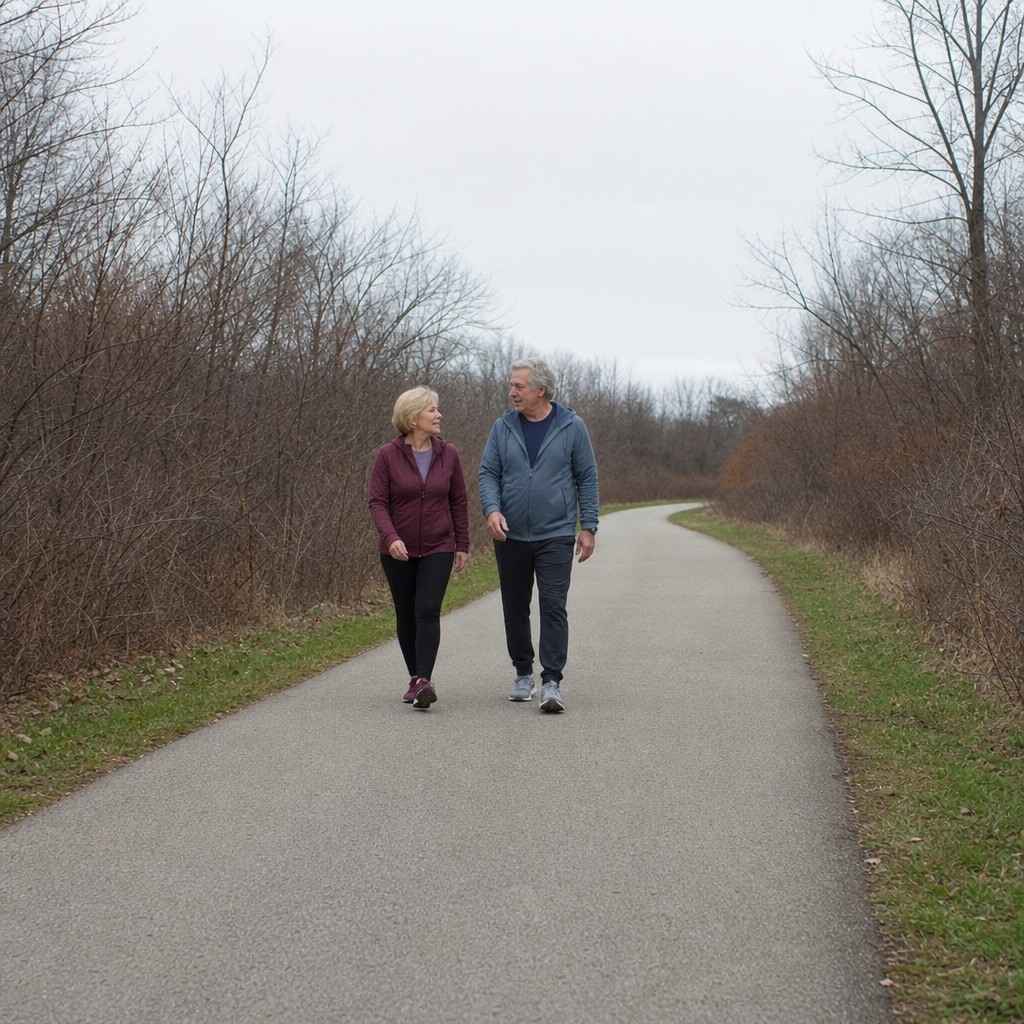 Pair of adults walking together on a flat greenway, wide shot