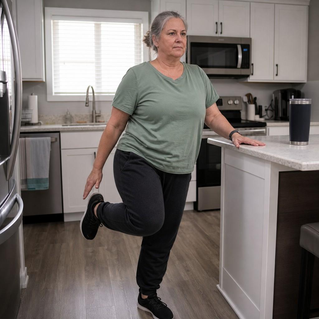 Person around 55 doing a single-leg balance stand near a kitchen counter