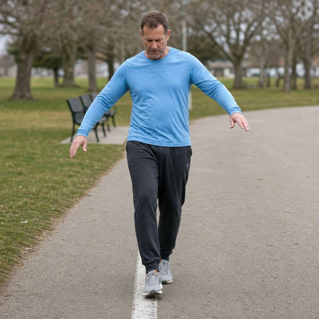 Adult walking heel-to-toe along a painted line in a park as a balance drill