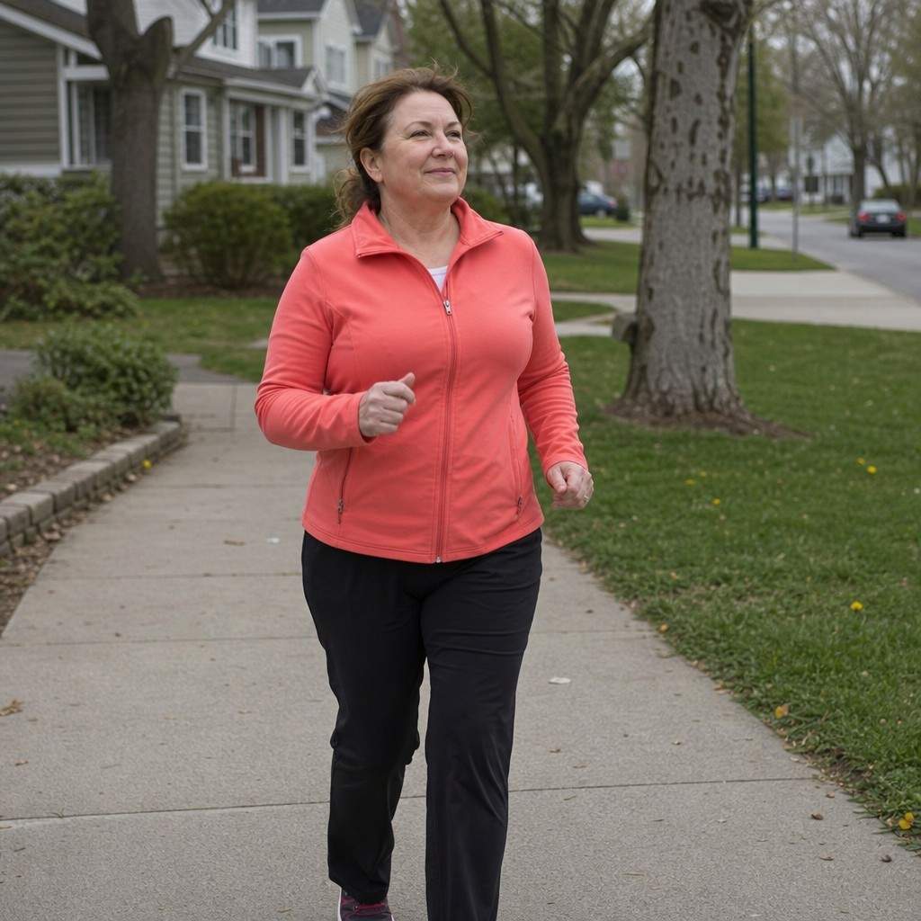 Woman in coral jacket walking briskly on a tree-lined neighborhood street
