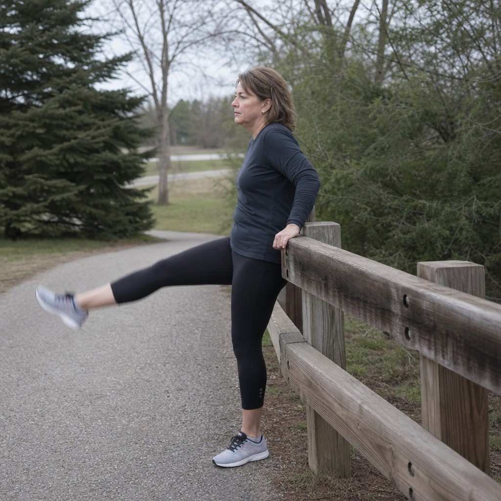 Woman doing leg swings holding a park fence before a walk