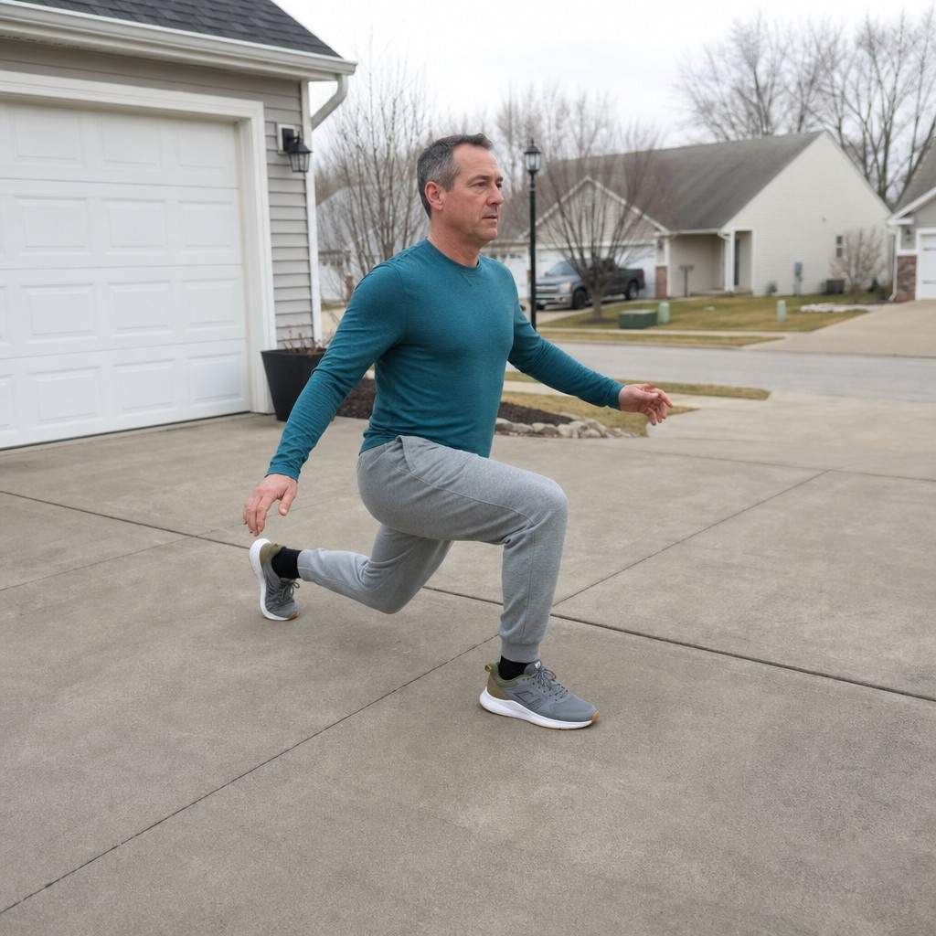 Adult doing walking lunges across a suburban driveway as a warm-up